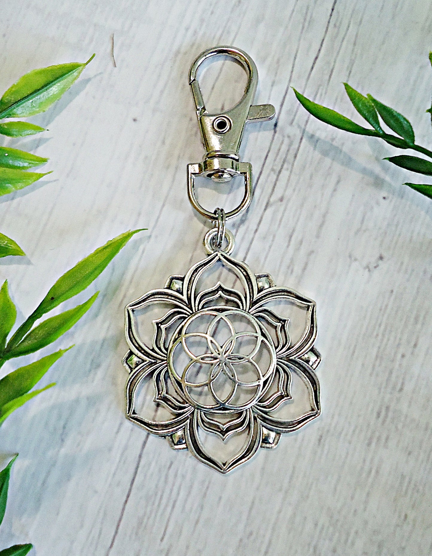 Large Silver Lotus Flower Bag Charm