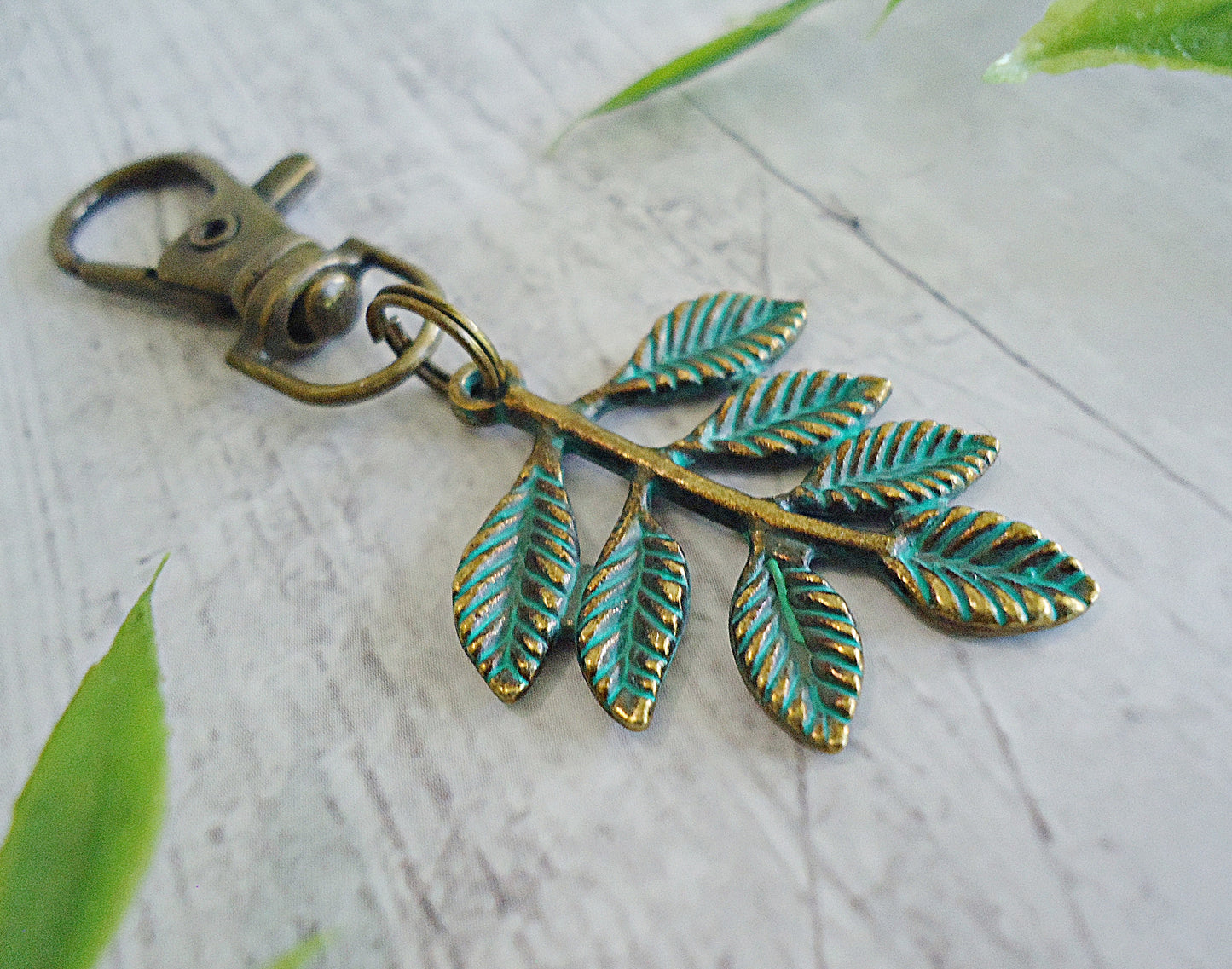 Bag Charm Keychain, Bronze Leaf with Green Patina, Optional Initial Charm, Bronze