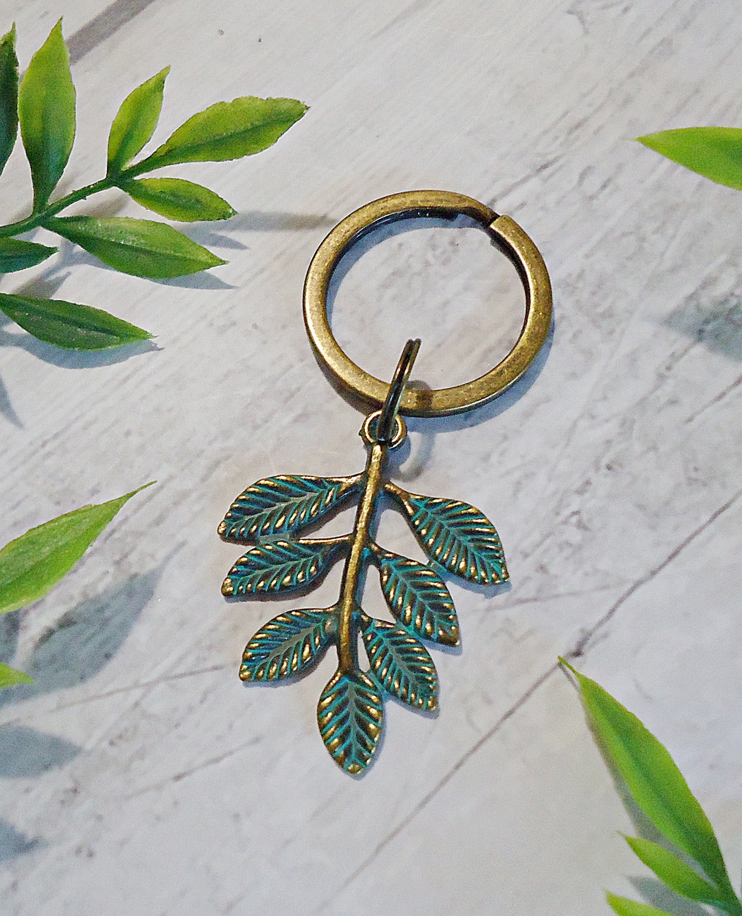 Bag Charm Keychain, Bronze Leaf with Green Patina, Optional Initial Charm, Bronze