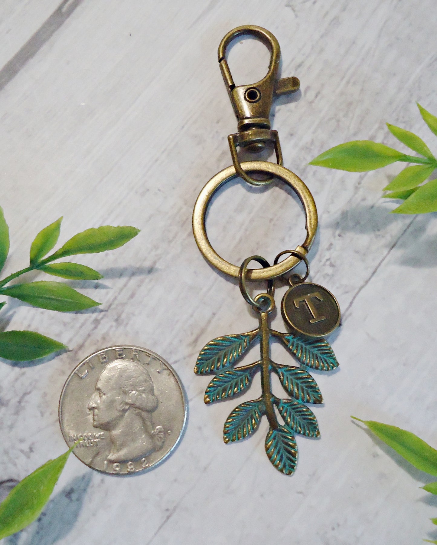 Bag Charm Keychain, Bronze Leaf with Green Patina, Optional Initial Charm, Bronze