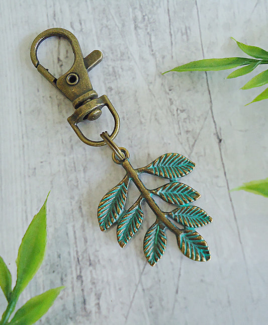 Bag Charm Keychain, Bronze Leaf with Green Patina, Optional Initial Charm, Bronze