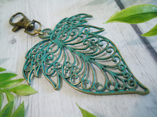 Large Green Patina Leaf Bag Charm, Filigree Design, Aged Bronze