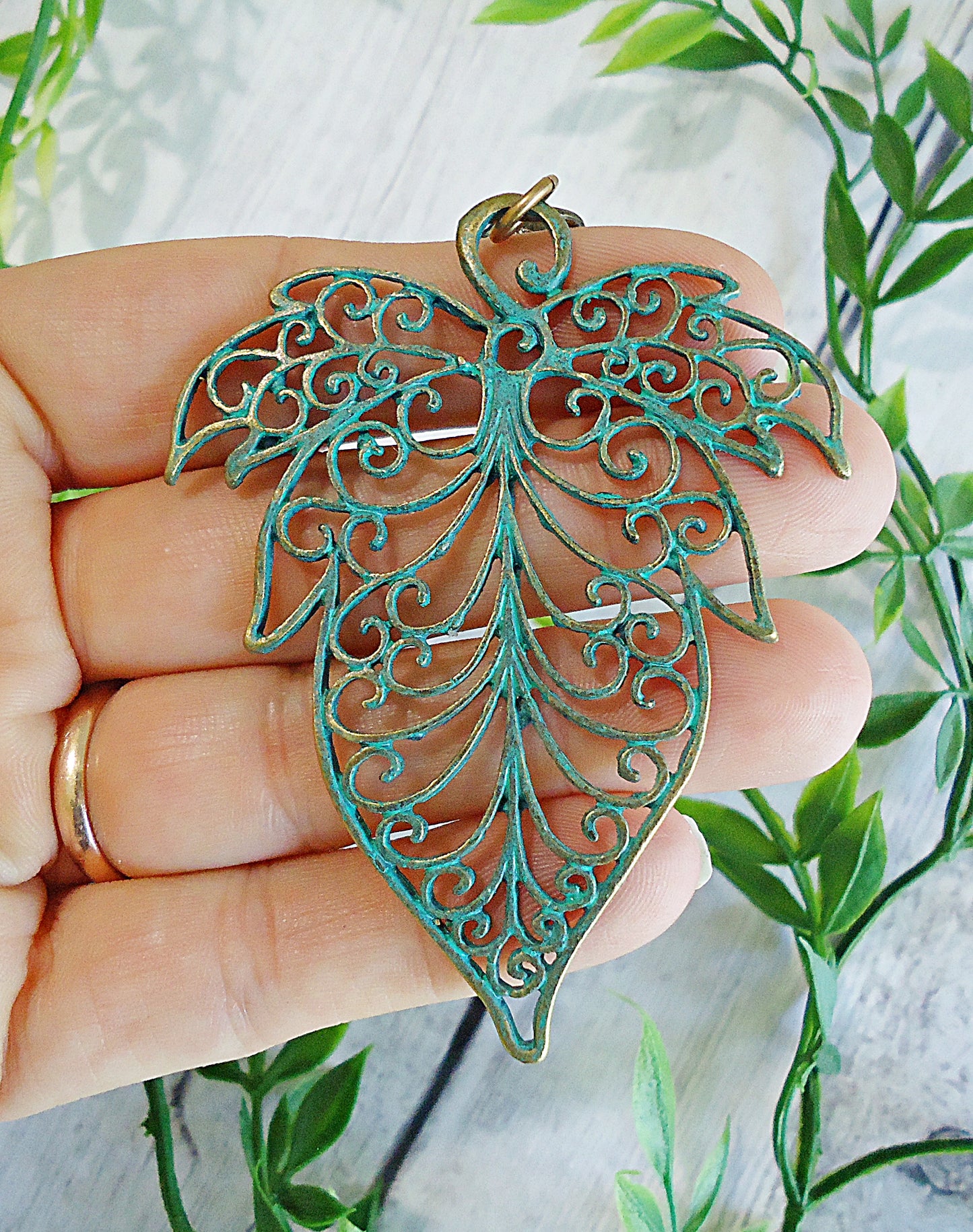 Large Green Patina Leaf Bag Charm, Filigree Design, Aged Bronze