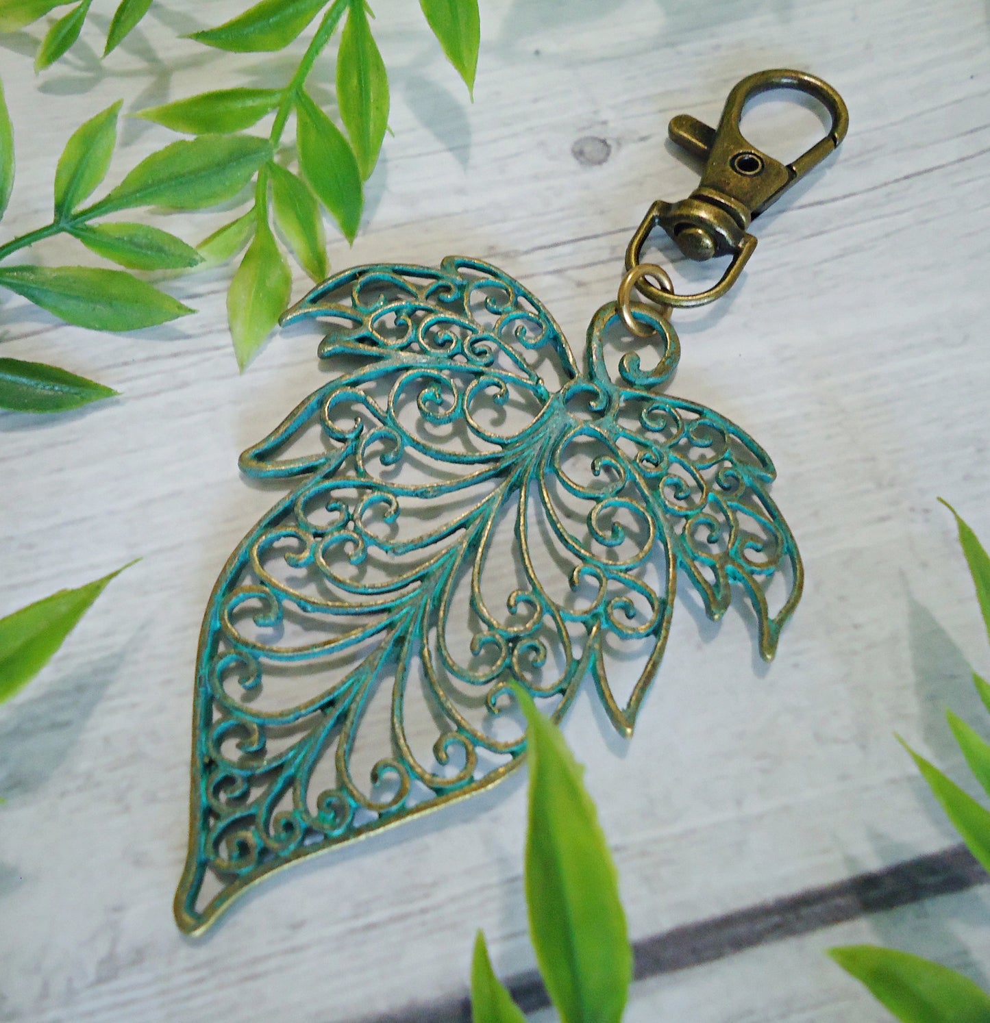 Large Green Patina Leaf Bag Charm, Filigree Design, Aged Bronze