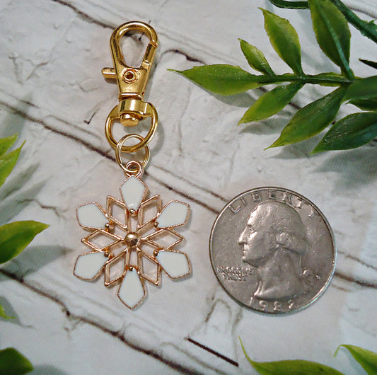 White and Gold Snowflake Bag Charm, Keychain, Zipper Pull, Winter, Christmas