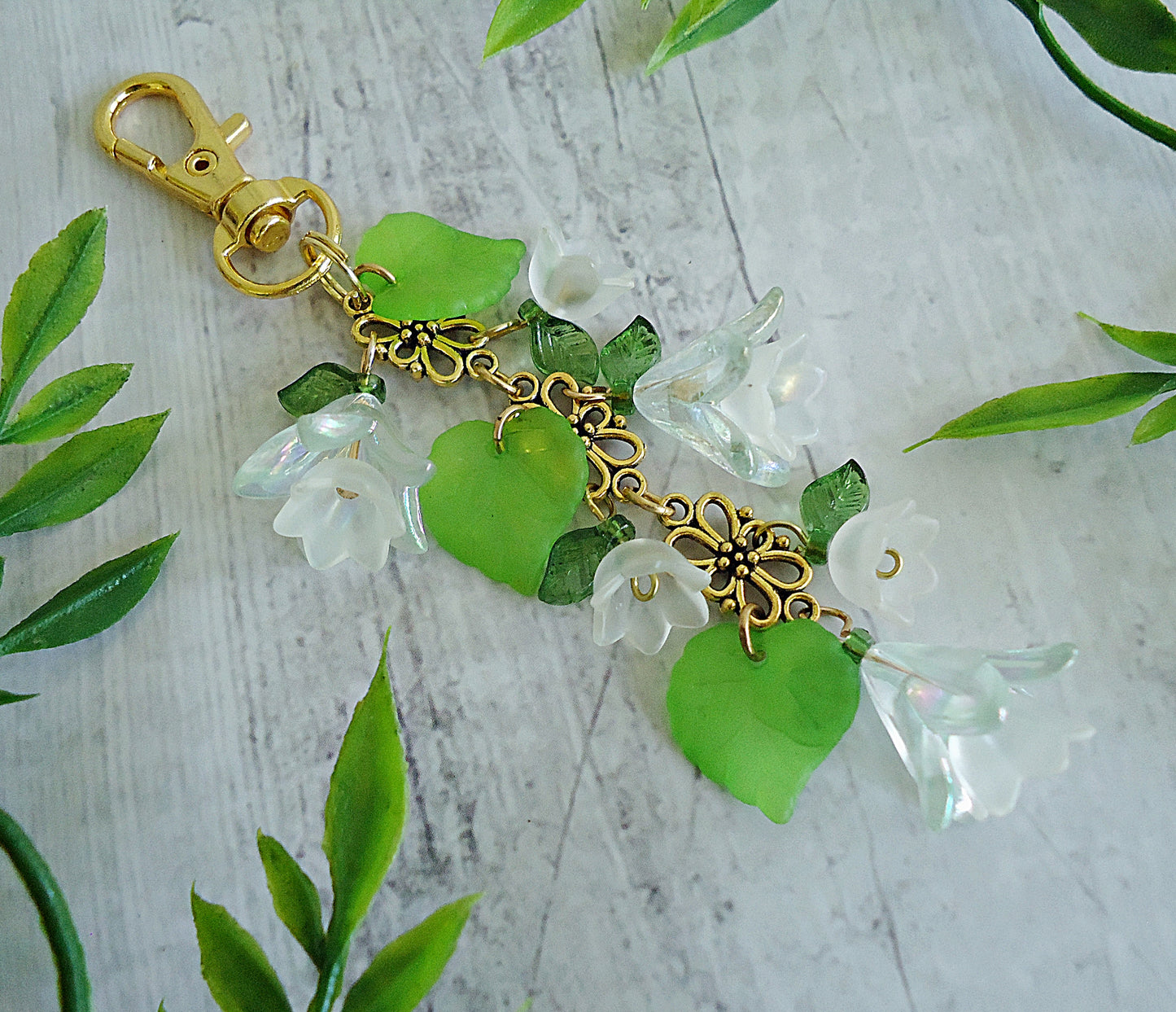 Bag Charm, White Flowers, Green Petals, Silver or Gold Flower, Swivel Clasp, Key Chain, Zipper Pull, Purse Charm, Lily of the Valley, Tulip