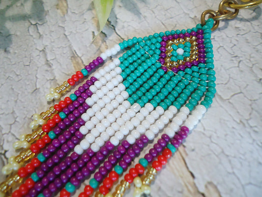 Seed Bead Tassel Bag Charm, Southwest Turquoise Purple Red White