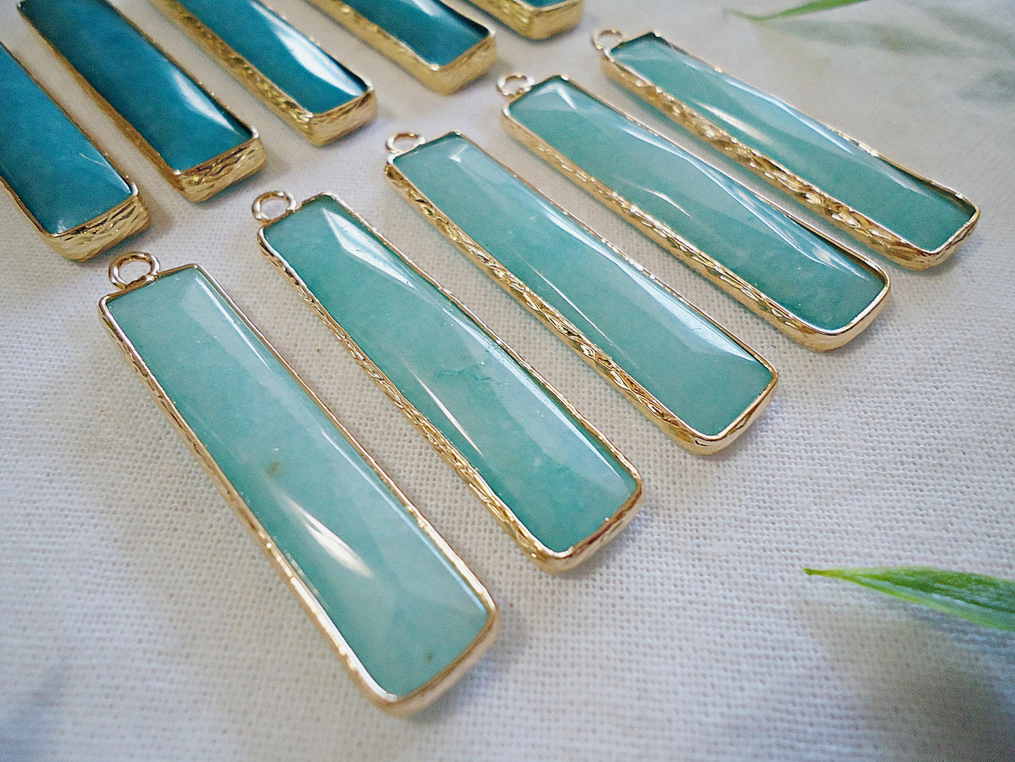 Amazonite Pendants, Bar Rectangles with Golden Brass Bezels, 1-5/8" Long