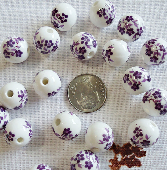 Porcelain Beads - 12mm Round - White Beads with Purple or Blue Flowers