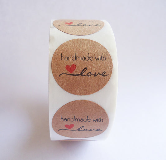 Bulk Stickers, 'handmade with love', Dark Kraft Brown, 1 inch Wide, Packaging, Labels