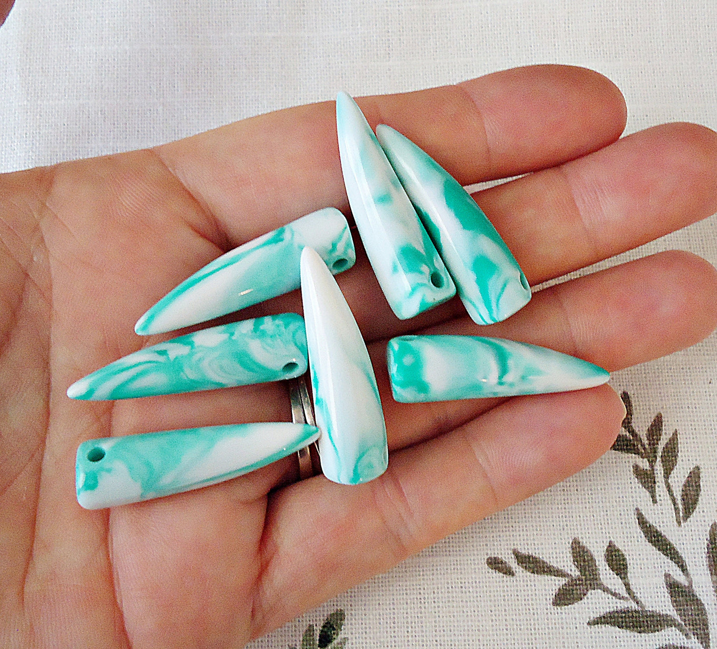 20 Marbled Tusk Beads, Acrylic, White and Turquoise, Side drilled, 1.25" Long x 10mm Wide