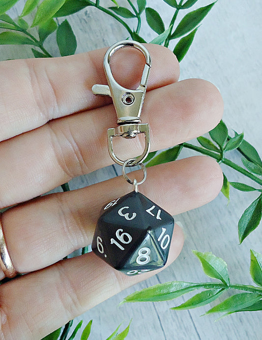 Black D20 Keychain or Bag Charm, 20 Sided Die
