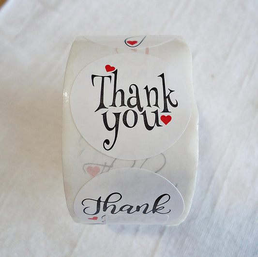 Stickers, 'Thank You', Black and White, Red Heart, Cursive Writing, 1 inch Wide, Packaging, Labels, Bulk quantities