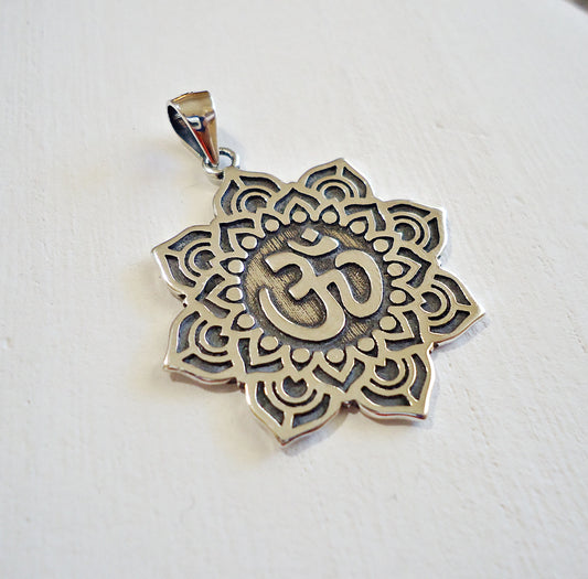 Sterling Silver Ohm Flower Pendant, 1 1/8"Tall (28mm)