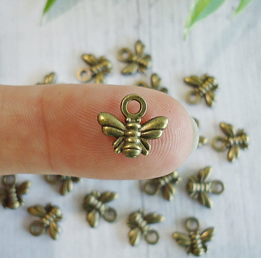 Tiny Bronze Bee Charms, 10mm, Set of 10