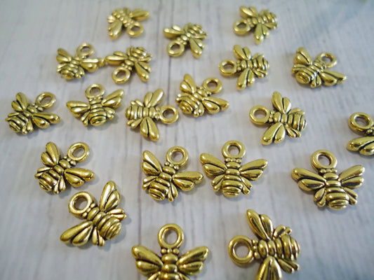 Tiny Golden Bee Charms, 10mm, Set of 10