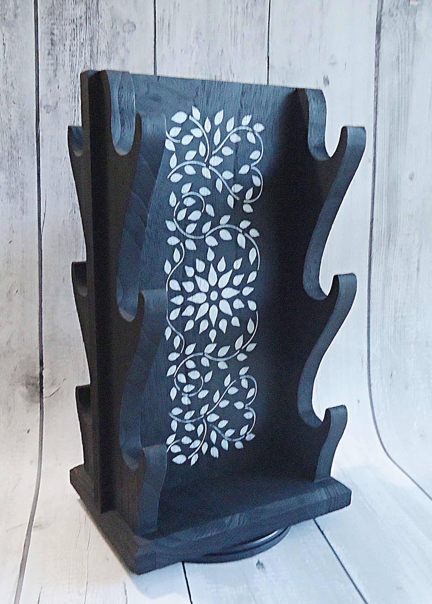 Wooden Bracelet Organizer Display, 6 Bars, Rotating, Brown, Dark Brown, or Black, Large, Double Sided, Stenciled White Vines