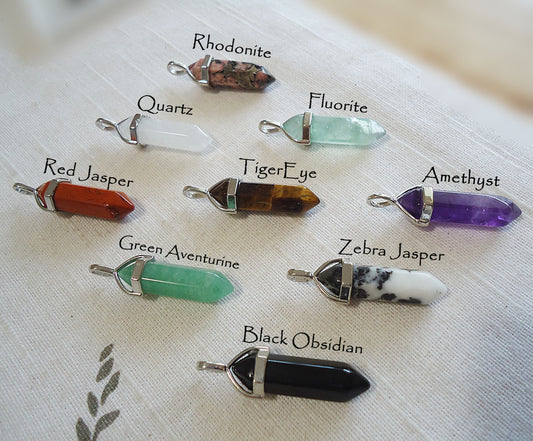 Stone Slider Pendant, Double Terminated, Amethyst Tigereye Quartz Fluorite Green Aventurine Rhodonite Zebra Red Kambaba Jasper Black Obsidian Lapis
