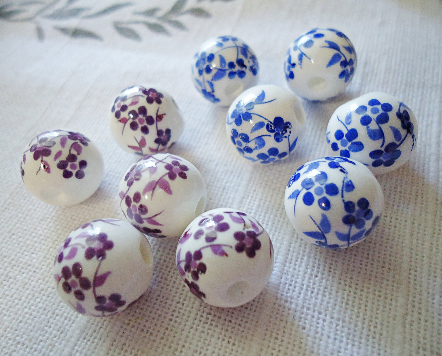 Porcelain Beads - 12mm Round - White Beads with Purple or Blue Flowers
