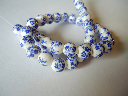 Porcelain Beads - 8mm Round - White Beads with Blue, Purple, Black, or Red Flowers, Set of 10