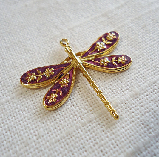 Enameled Dragonfly Pendant, Purple and Gold, Stainless Steel, 1"