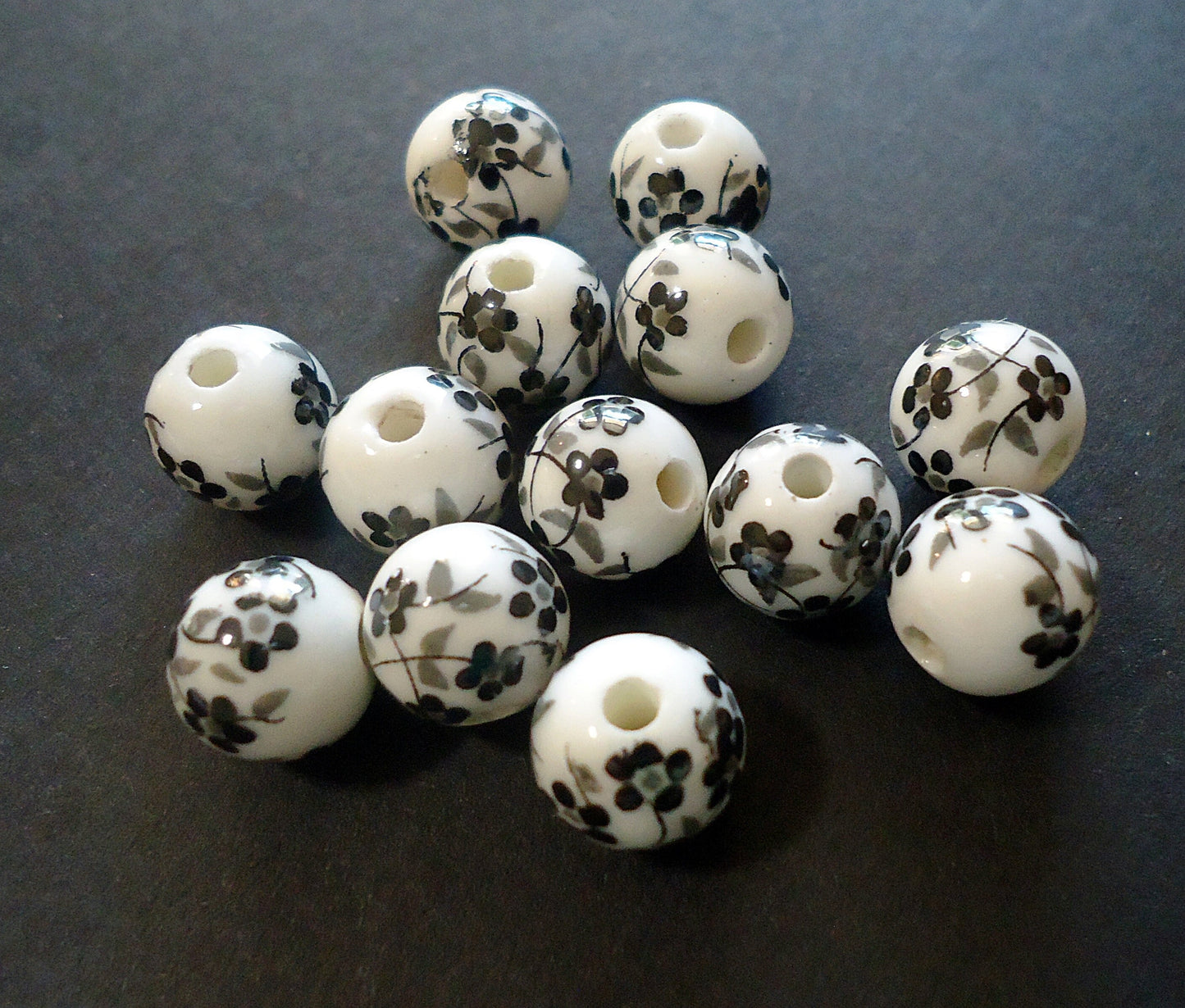 Porcelain Beads - 8mm Round - White Beads with Blue, Purple, Black, or Red Flowers, Set of 10