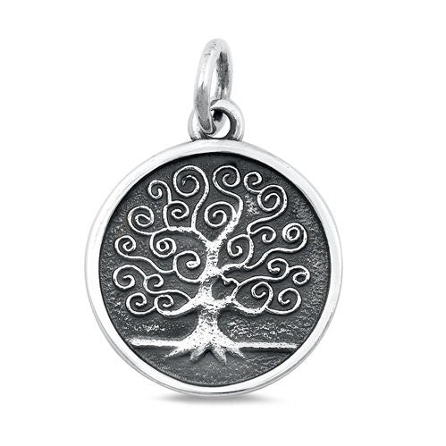 Double Sided Tree of Life Pendant Charm, Sterling Silver, Oxidized Finish, 16mm Round