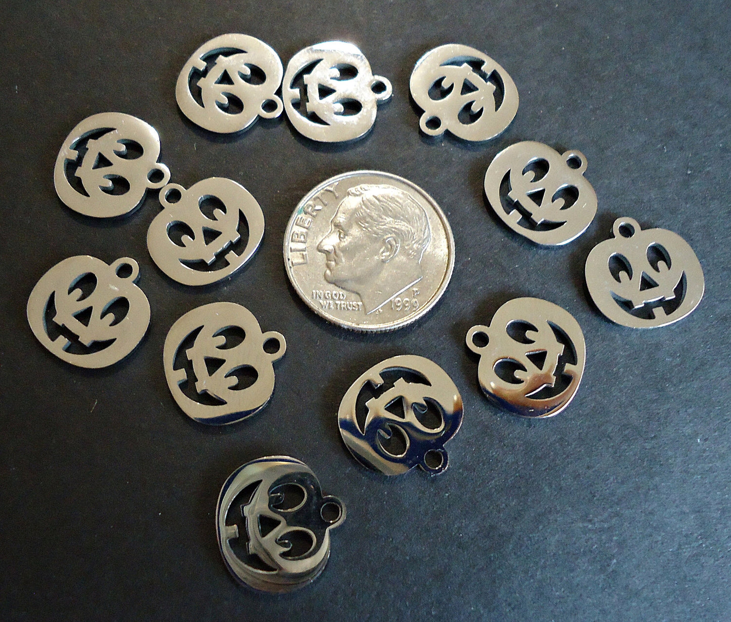 Small Stainless Steel Jack-o-Lantern Pumpkin Charms - Halloween Charms - 12mm x 12mm - Sets of 10