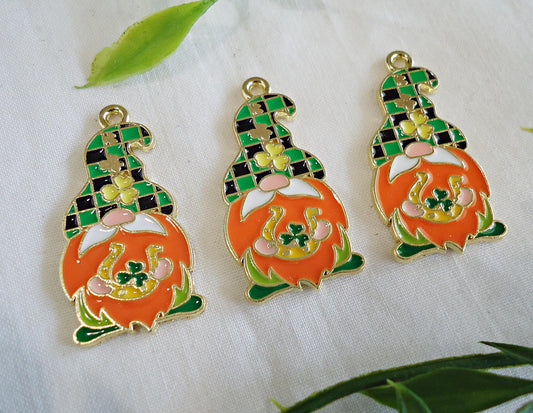 Irish Gnome Charms, St Patricks Day Gnome Pendants, Green Shamrock Four Leaf Clover Gnomes, 1 1/8" Tall