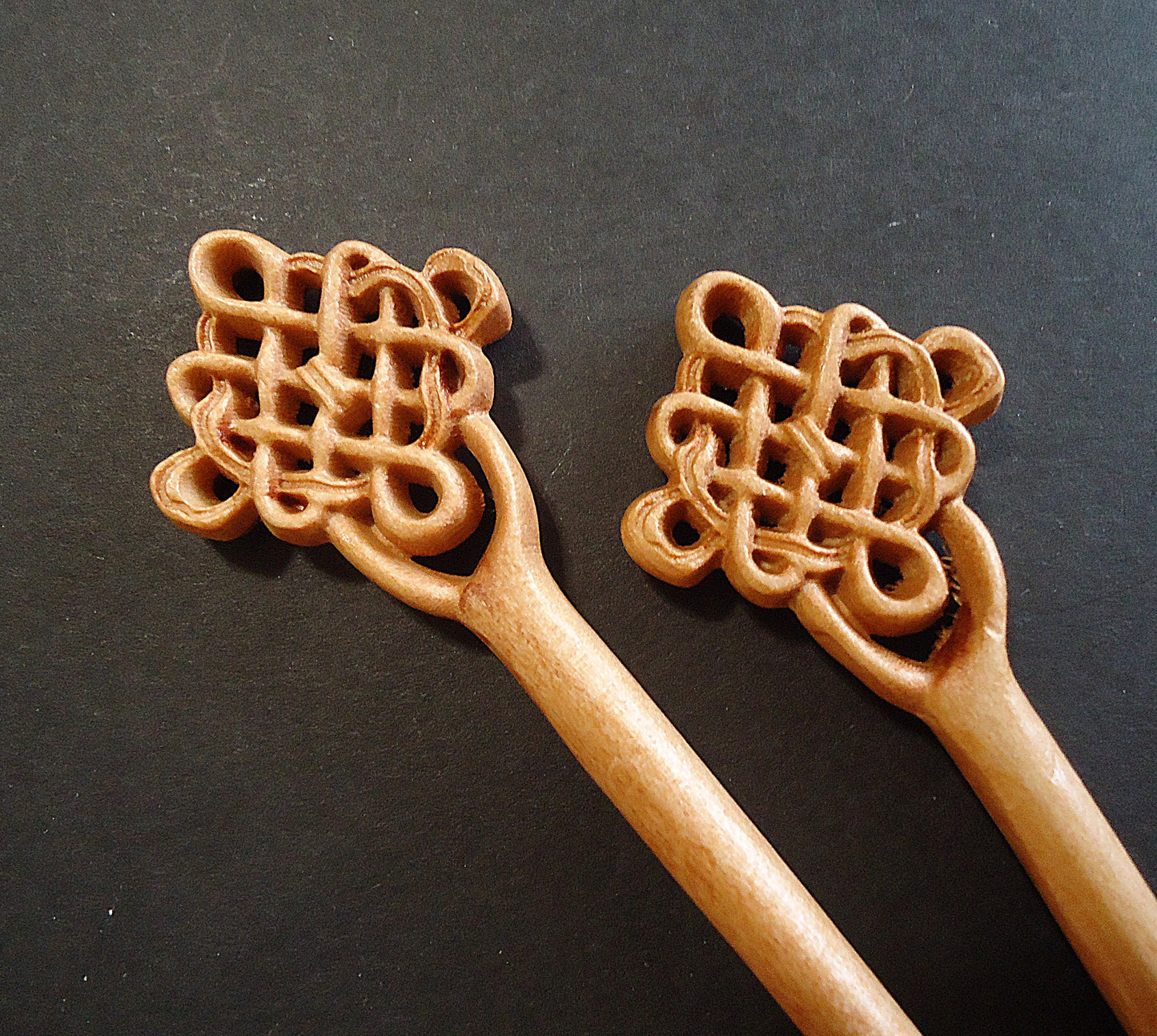 Seven Inch Sturdy Wooden Hair Sticks, Carved, Leaves, Flowers, Celtic Knots, Calla Lilies, Light Color Wood