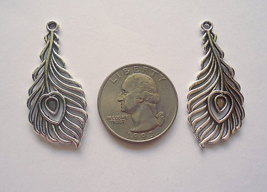 Peacock Feather Pendants / Charms - Antique Silver - Set of 8 - Metal 1.5" x .75"