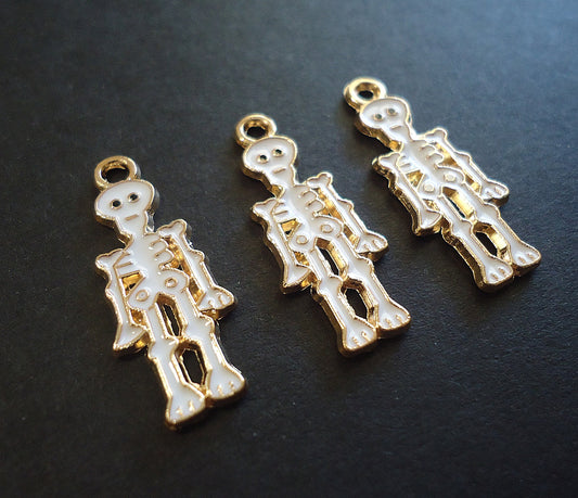 Skeleton Charms, Gold and Enameled White, One inch Tall, Set of 10