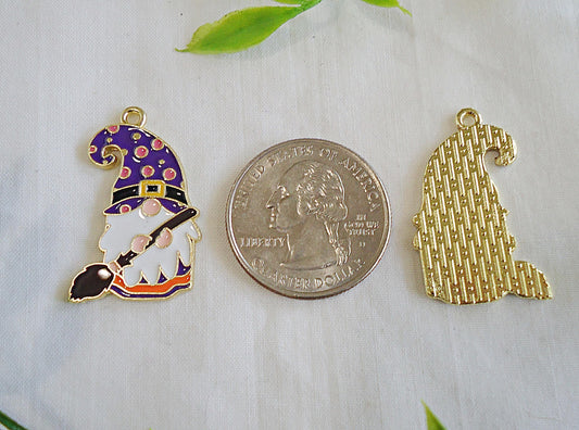 Halloween Gnome Charms, Witch Gnome Pendants, Broom Riding Gnome, Purple Orange White, 1 1/8" Tall