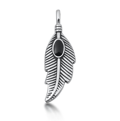 DISCONTINUED - Stainless Steel Feather Pendant with Black Enameling, 29mm Tall