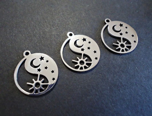 Stainless Steel Yin Yang Charm Pendant - Sun and Moon, Night and Day, Laser-cut - 15mm wide