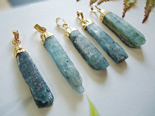 Natural Kyanite Pendants, 2" Tall, Gold Plated Bails, Aquamarine Color