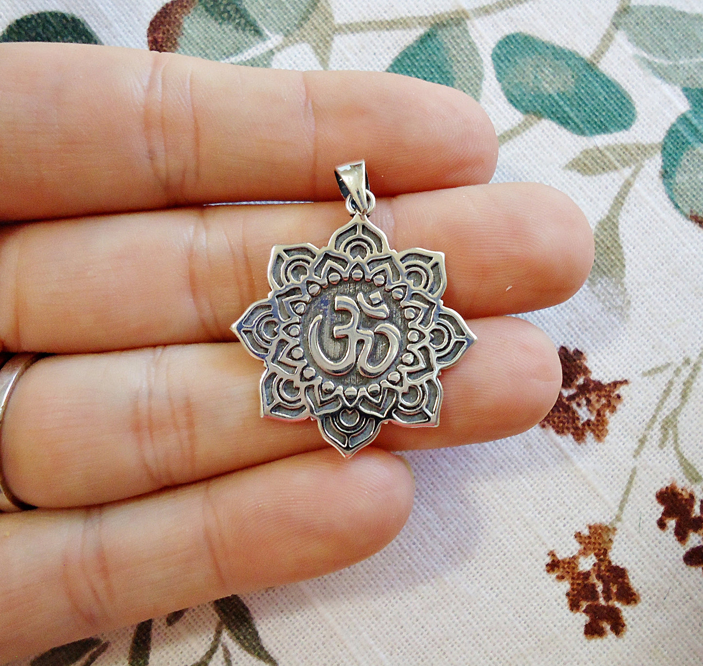 Sterling Silver Ohm Flower Pendant, 1 1/8"Tall (28mm)