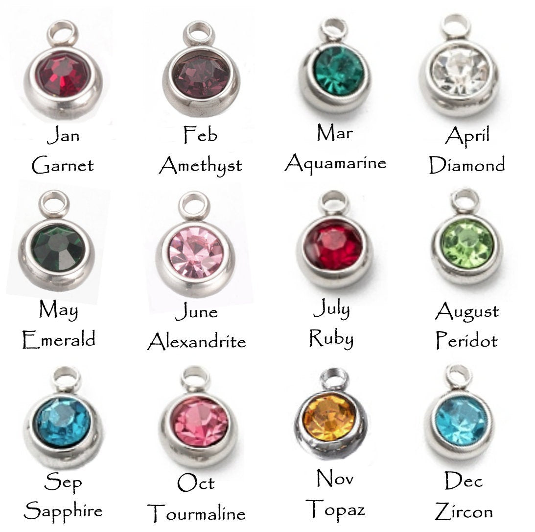 Small Stainless Steel Birthstone Charms - 6mm - Set of 12 - Glass Rhinestones, Hypoallergenic, Non-Tarnishing