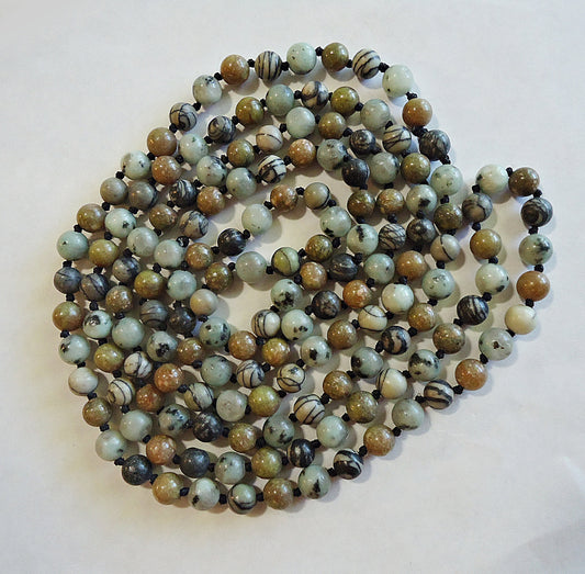 8mm Round Mixed Gemstones, 61" Strand, Black Silk Stone, Sesame Jasper, Unakite, Greens, Blacks, 153 Round Gemstone Beads