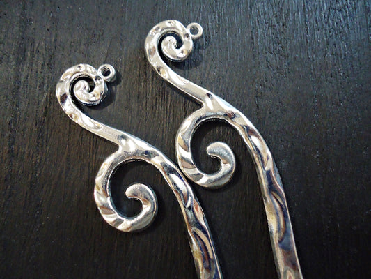 Hammered Metal Hair Sticks with Large Swirls and Loop - Bright Silver - 7" Long