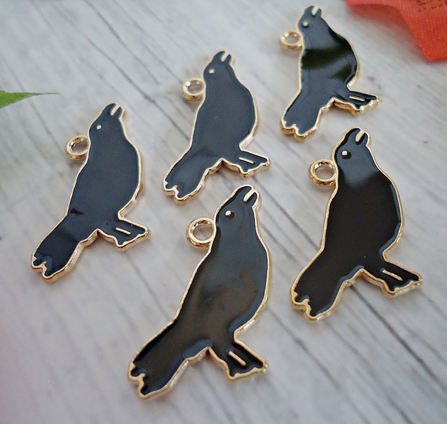 Black Crow / Raven Charms, Black Enameleing and Gold, 3/4" Tall x 7/8" Wide, Set of 10