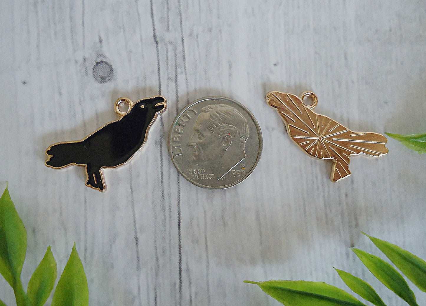Black Crow / Raven Charms, Black Enameleing and Gold, 3/4" Tall x 7/8" Wide, Set of 10