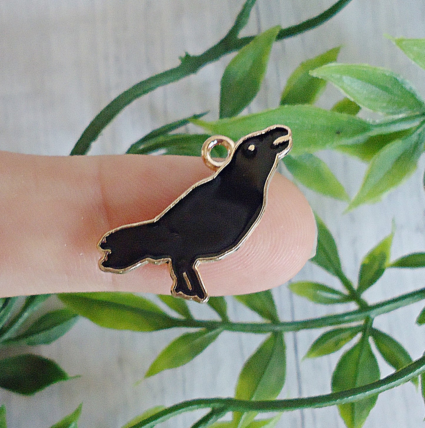 Black Crow / Raven Charms, Black Enameleing and Gold, 3/4" Tall x 7/8" Wide, Set of 10