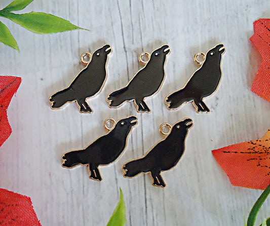 Black Crow / Raven Charms, Black Enameleing and Gold, 3/4" Tall x 7/8" Wide, Set of 10