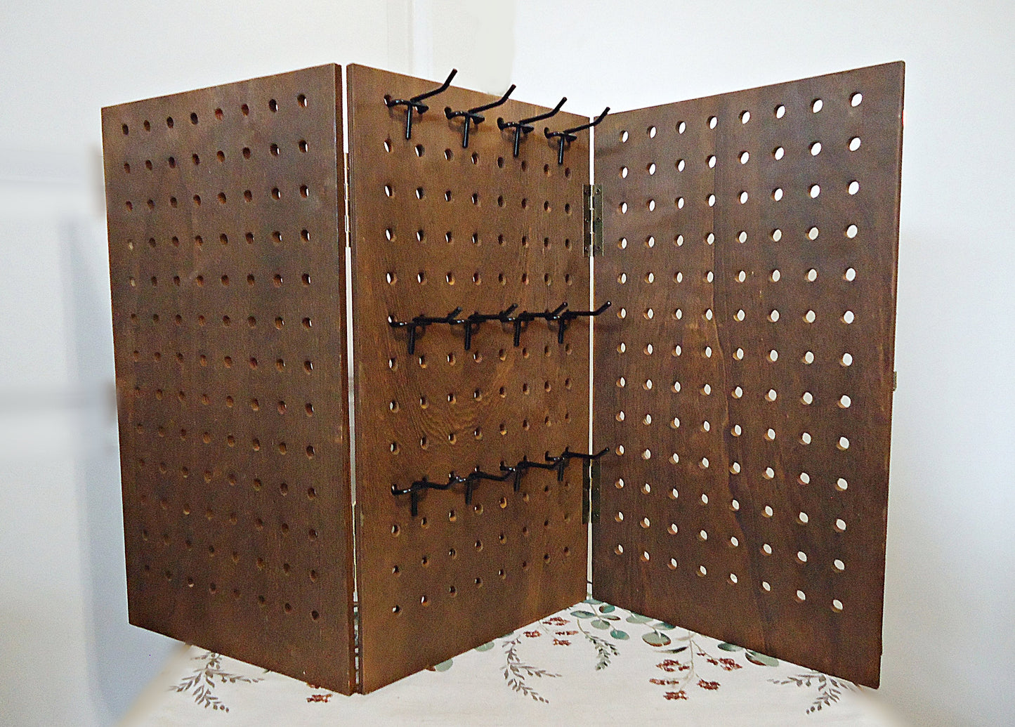 Large Heavy Duty Tri-Fold Display, Wooden, 48 Peg Hooks, Pegboard, Tabletop or Wall Mount, Jewelry, Keychain Display, 27.25" x 16"