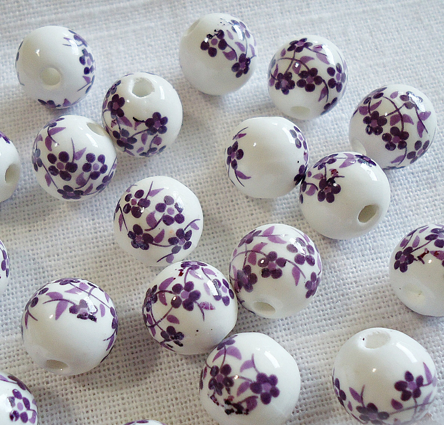 Porcelain Beads - 12mm Round - White Beads with Purple or Blue Flowers