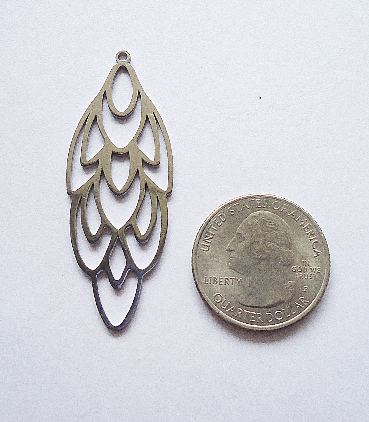 Tiered Filigree Leaf Pendant, Stainless Steel, 2"Tall x 3/4"Wide, Leaf Shape