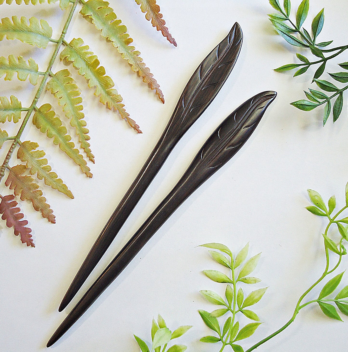 Carved Wooden Leaf Hair Stick, Dark Brown, 7" long