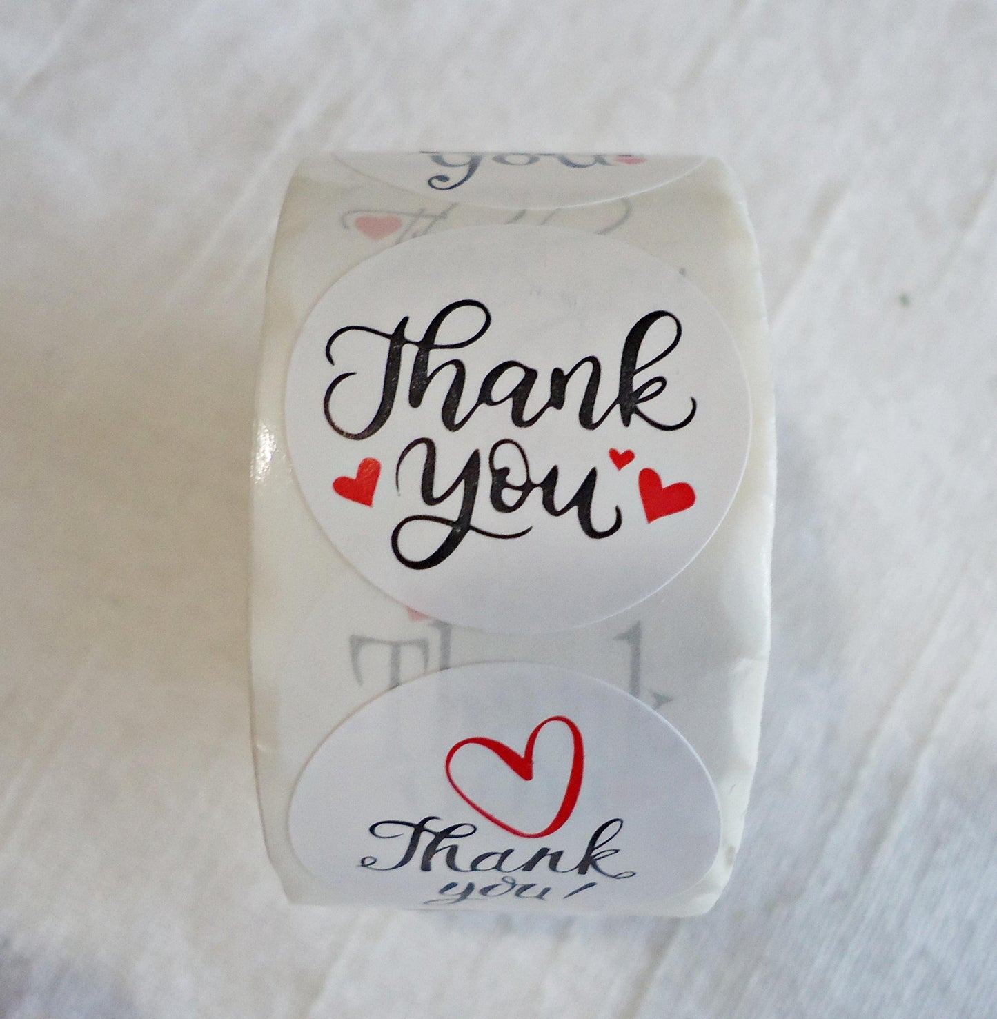 Stickers, 'Thank You', Black and White, Red Heart, Cursive Writing, 1 inch Wide, Packaging, Labels, Bulk quantities