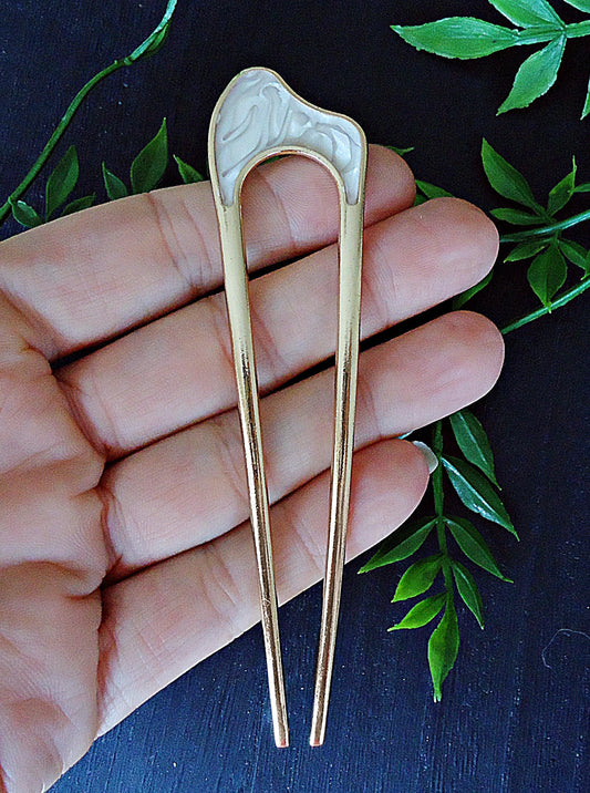 Faux Mother of Pearl Double Hair Stick, Hair Fork, Gold Plated Metal Alloy, 4.25" Long, Resin Swirl, Gold Swirl, Smooth White, Pale Pink
